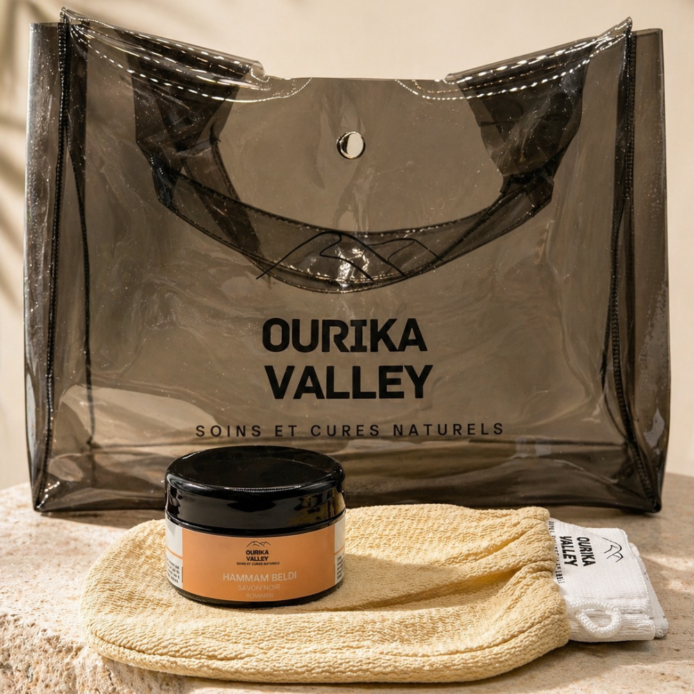 Pack Hammam Beldi Ourika Valley avec savon noir, gant Kessa et sac imperméable